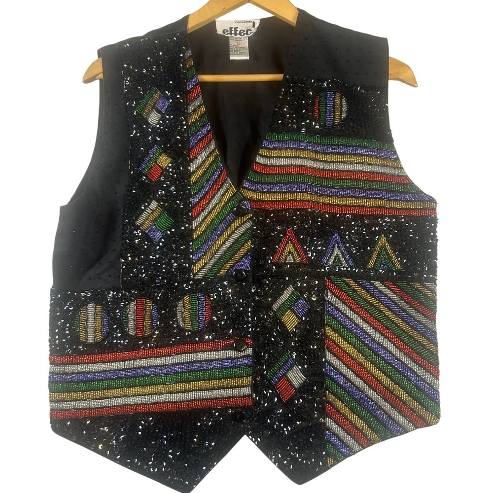 Creazioni Effeci Beaded Sequin Vest Womens Large Black Multicolor Geometric Art